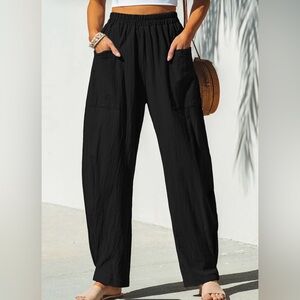 Black Elastic Waist Tapered Leg Pants - size M